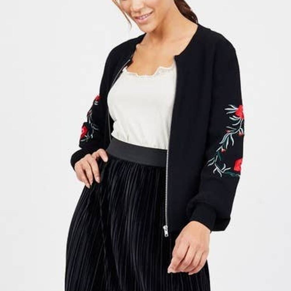 Octavia Embroidered Floral Zip Front Black Womens Long Sleeve Cardigan Jacket M